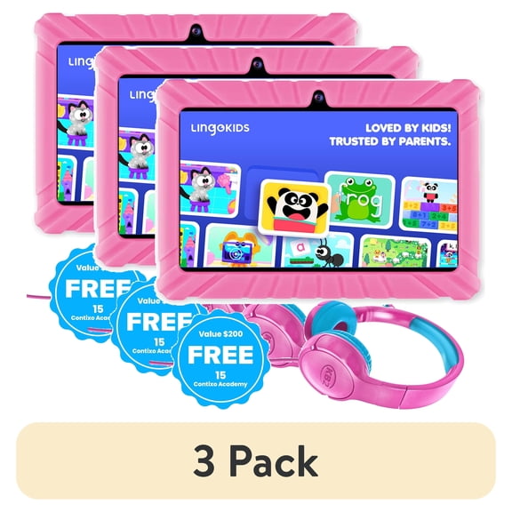 (3 pack) Contixo Kids Tablets Bundle, 7-Inch Educational Android Tablet and Wired Headphones for Kids Ages 3-7, Pink