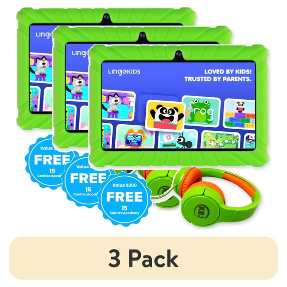 (3 pack) Contixo Kids Tablets Bundle, 7-Inch Educational Android Tablet and Wired Headphones for Kids Ages 3-7, Green