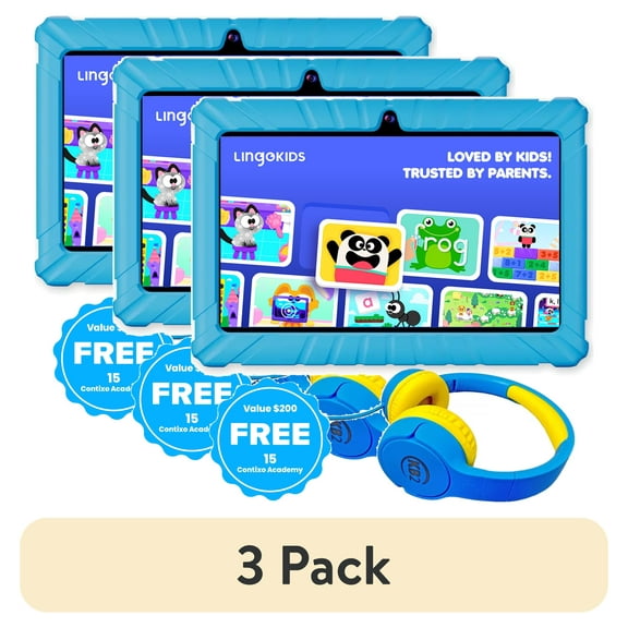 (3 pack) Contixo Kids Tablets Bundle, 7-Inch Educational Android Tablet and Wired Headphones for Kids Ages 3-7, Blue