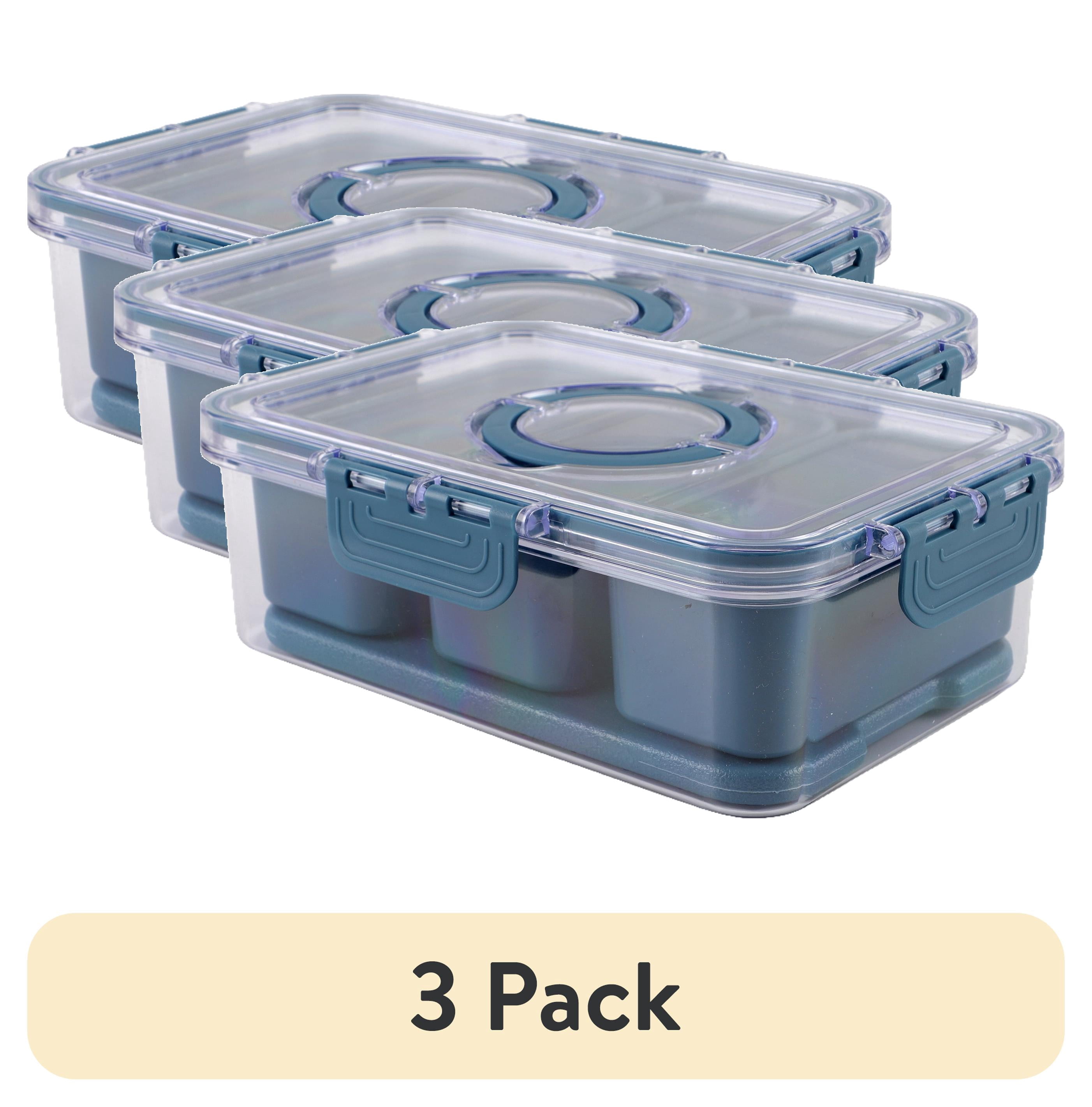 (3 pack) Cook with Color 3-Compartment Snack Box with Removable Ice Pack, Portable Food Storage with Locking Lid and Handle, Blue