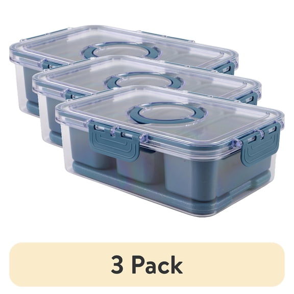 (3 pack) Cook with Color 3-Compartment Portable Snack Box Food Storage Container with Removable Ice Pack, Blue