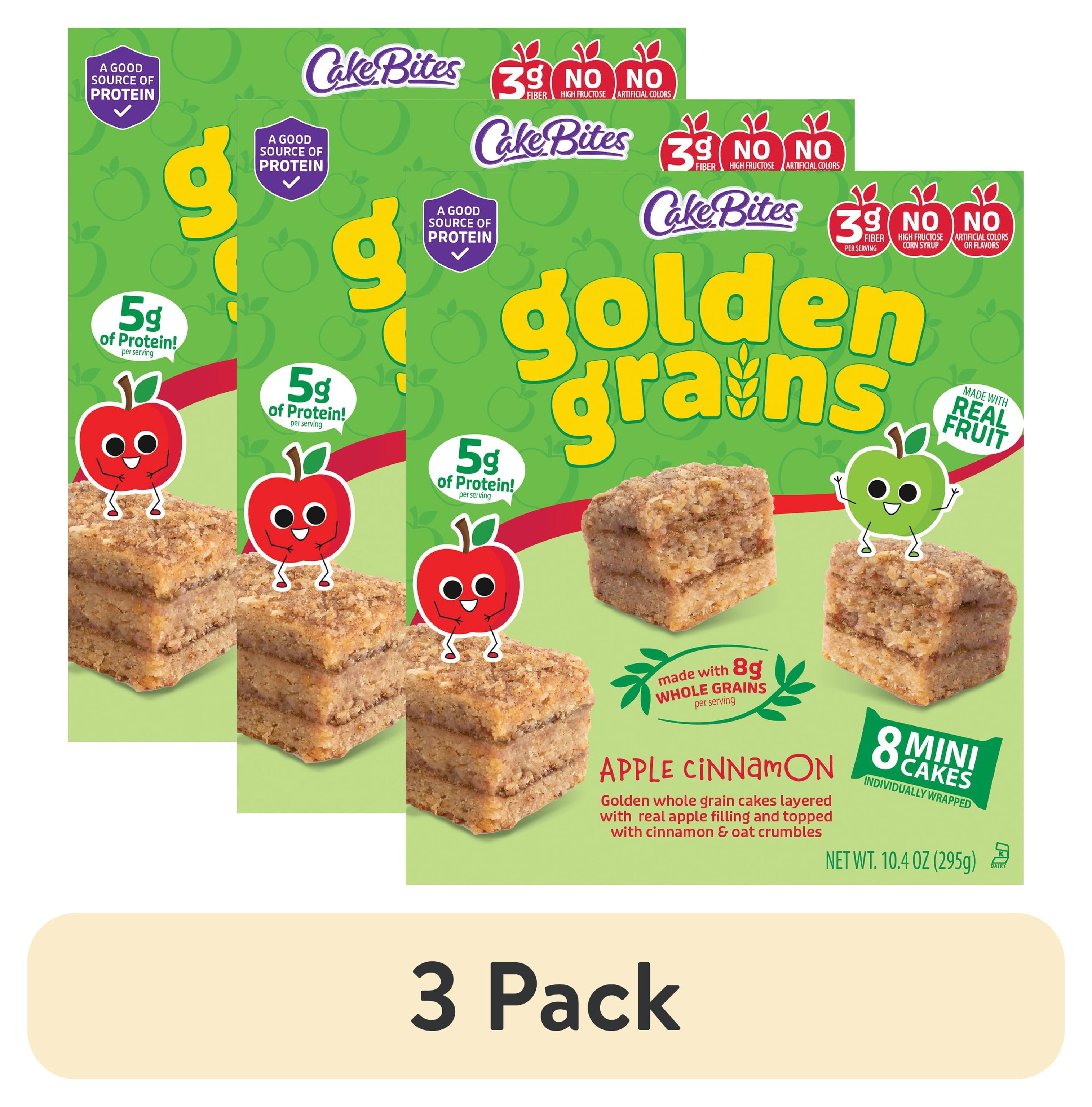 (3 pack) Cookies United Golden Grains Apple Cinnamon, 8 Mini Cake bites, 10.4oz, Shelf Stable