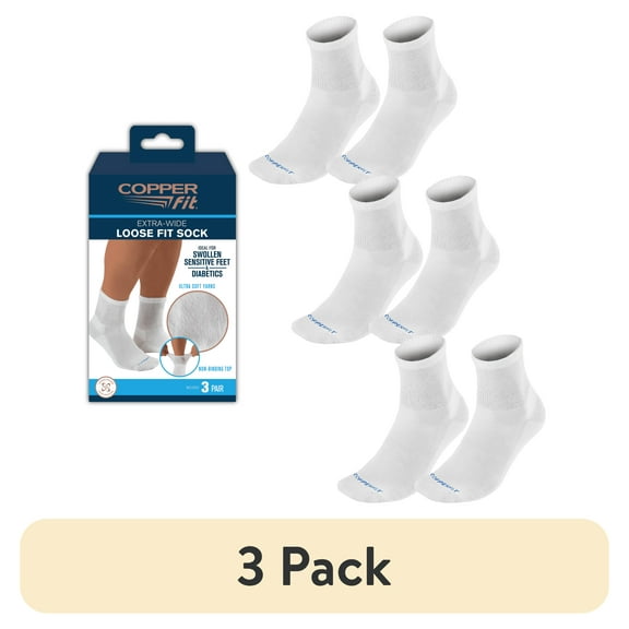 (3 pack) Copper Fit® Extra Wide Loose Fit Sock, Sensitive Feet, Swollen Legs, 3 Pairs, White, L/XL