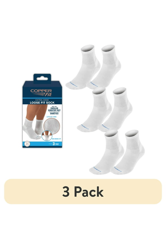 (3 pack) Copper Fit® Extra Wide Loose Fit Socks for Sensitive and Swollen Feet and Lower Legs, 3 Pairs, White, S/M, Unisex