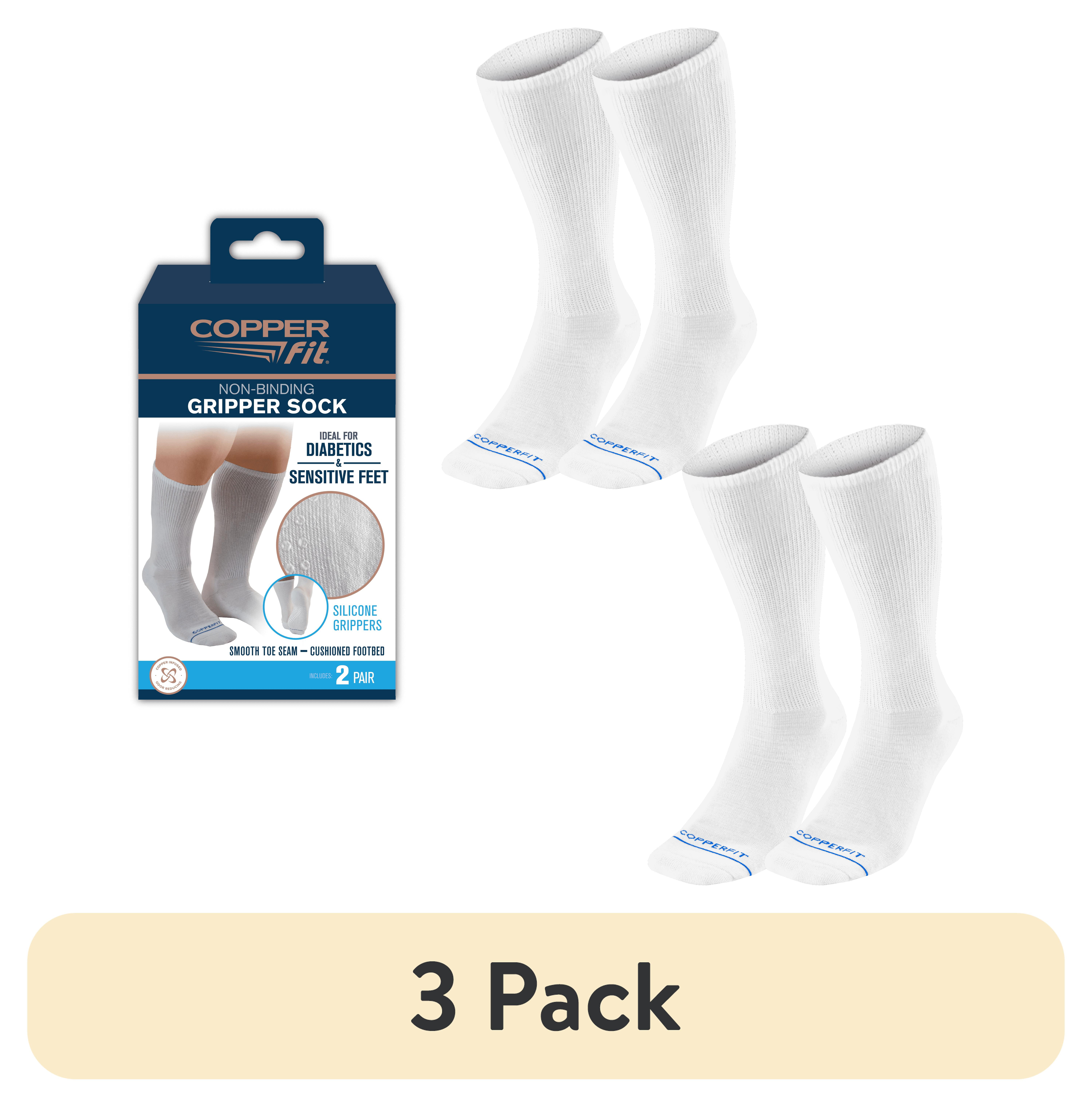(3 pack) Copper Fit® Non-Binding Diabetes and Circulatory Crew Socks with Grippers, 2 Pair, White, L/XL, Unisex