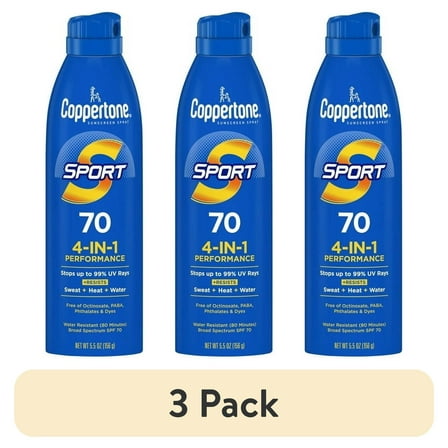 (3 pack) Coppertone Sport Sunscreen Spray, SPF 70 Spray Sunscreen, 5.5 oz