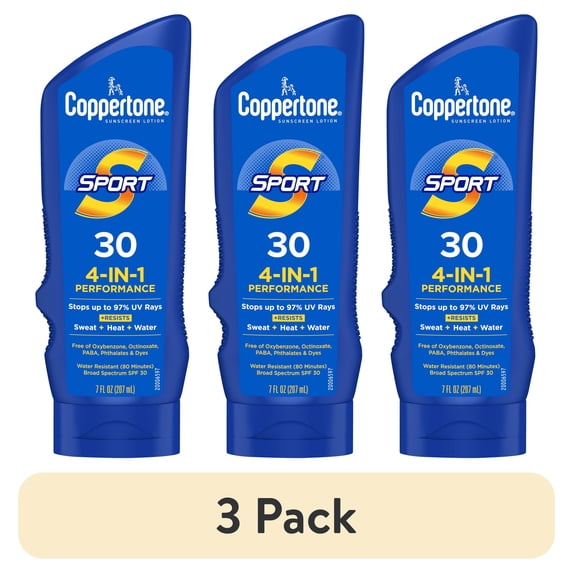 (3 pack) Coppertone Sport Sunscreen Lotion, Water Resistant Protection, SPF 30 Sunscreen, 7 fl oz