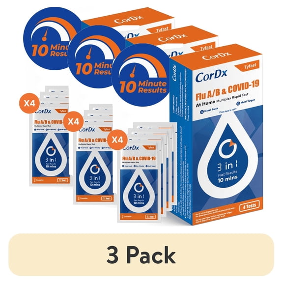 (3 pack) CorDx Tyfast At-Home Flu A/B and COVID-19 Rapid Test Kit, Easy, Accurate, Fast Results in 10 Minutes, 4 Tests.