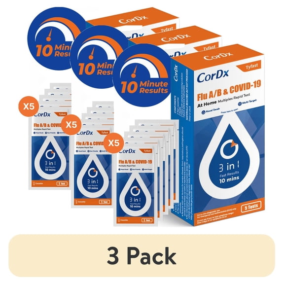 (3 pack) CorDx Tyfast At-Home Flu A/B and COVID-19 Rapid Test Kit, Easy, Accurate, Fast Results in 10 Minutes, 5 Tests…