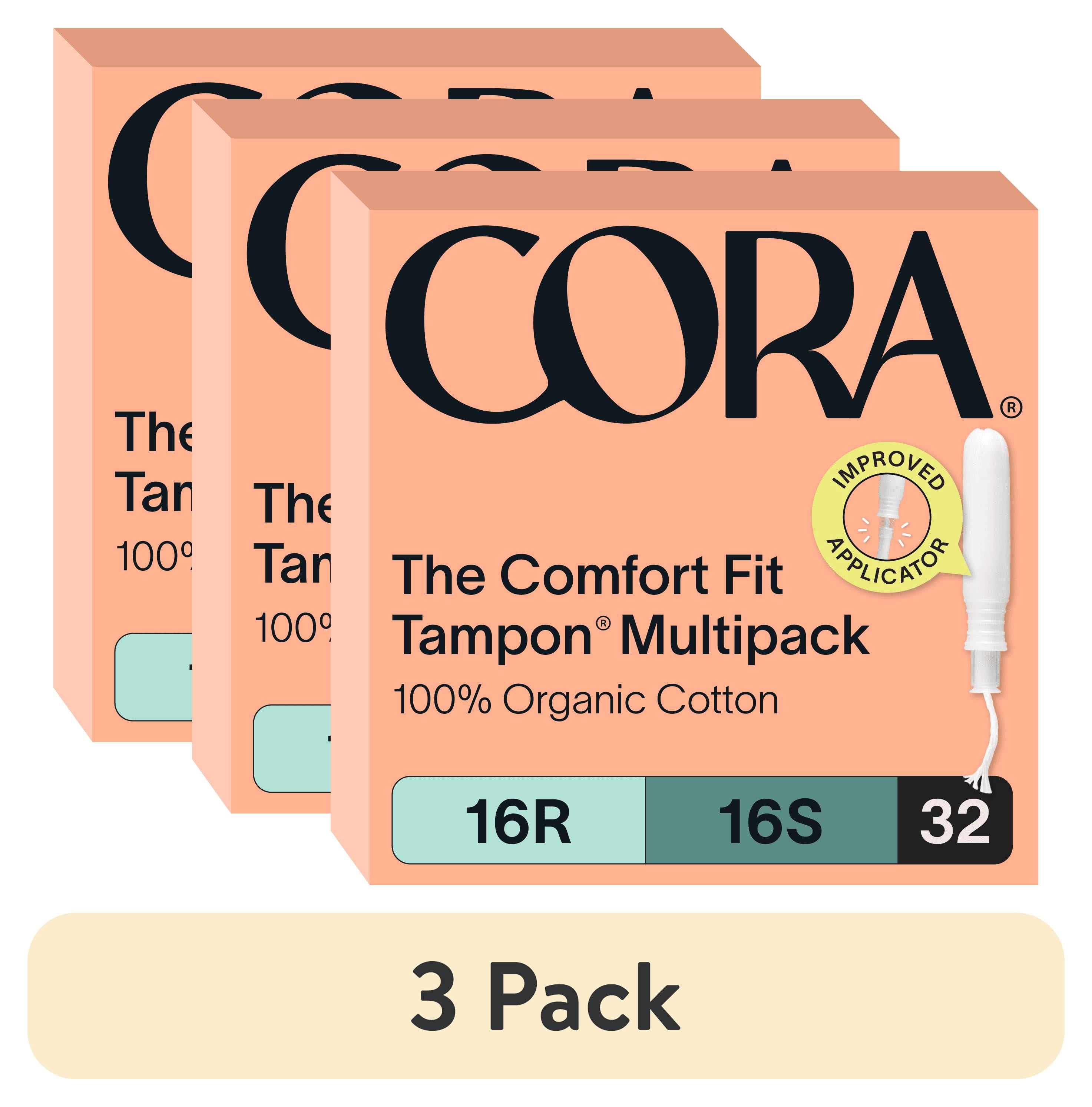 (3 pack) Cora 100% Organic Cotton Applicator Tampons, 16 Regular / 16 Super, 32 Count