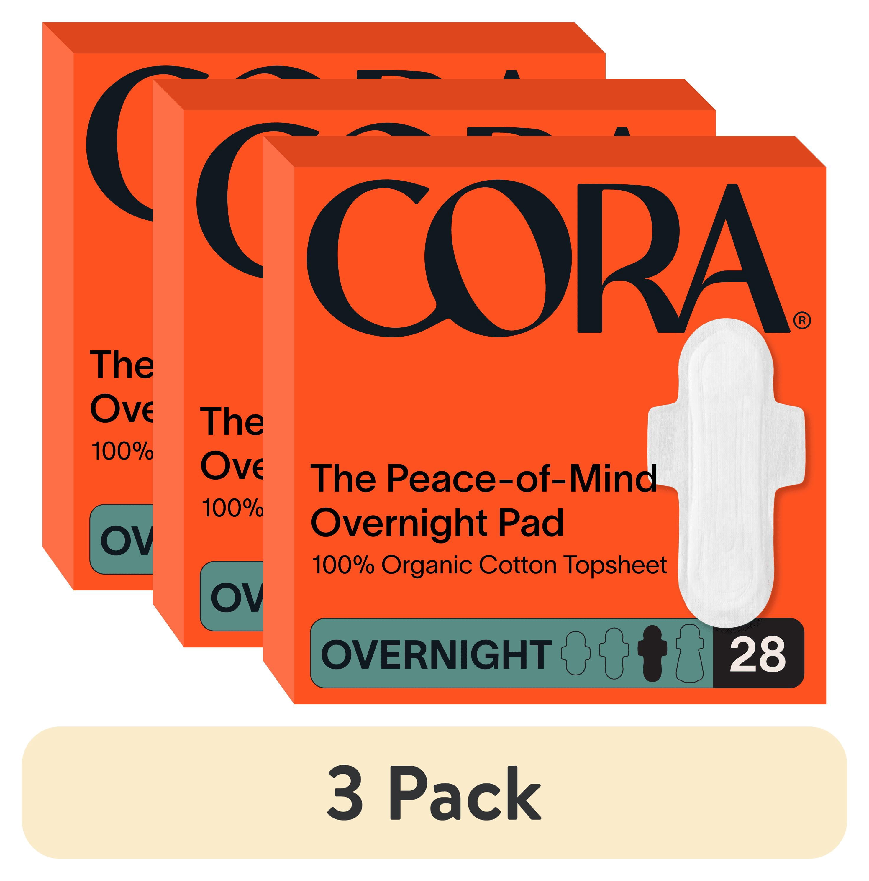 (3 pack) Cora Organic Topsheet Ultra Thin Overnight Pads, 28 Count