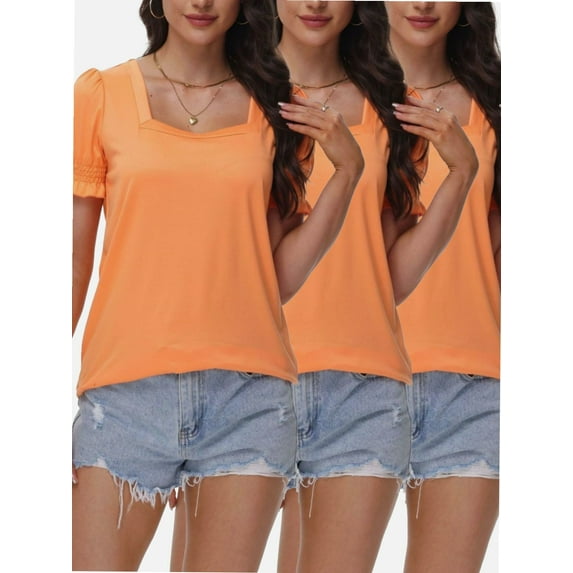 3-pack Coral color Tops for Women Summer Casual Ruffle Trim Sleeve Square Neck T Shirts