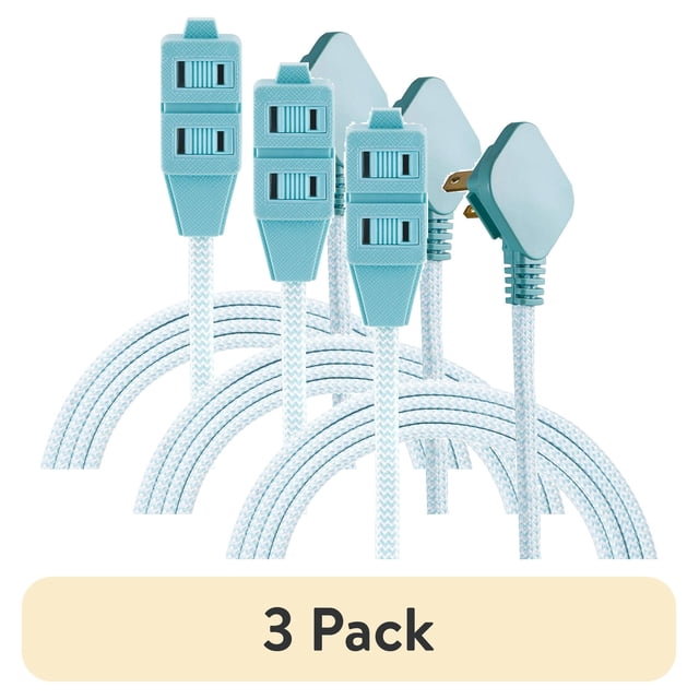 (3 pack) Cordinate Designer 3-Outlet Extension Cord with 8 Ft. Braided Cord, Mint