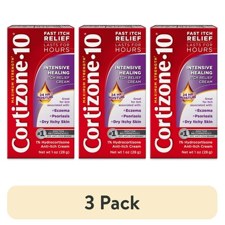 (3 pack) Cortizone-10 Maximum Strength Intensive Healing Itch Relief Cream, 1% Hydrocortisone, Fast-Acting, Anti-Itch Cream for Bug Bites, Rash, Eczema, Psoriasis, Poison Ivy, Oak, Sumac & More, 1 oz