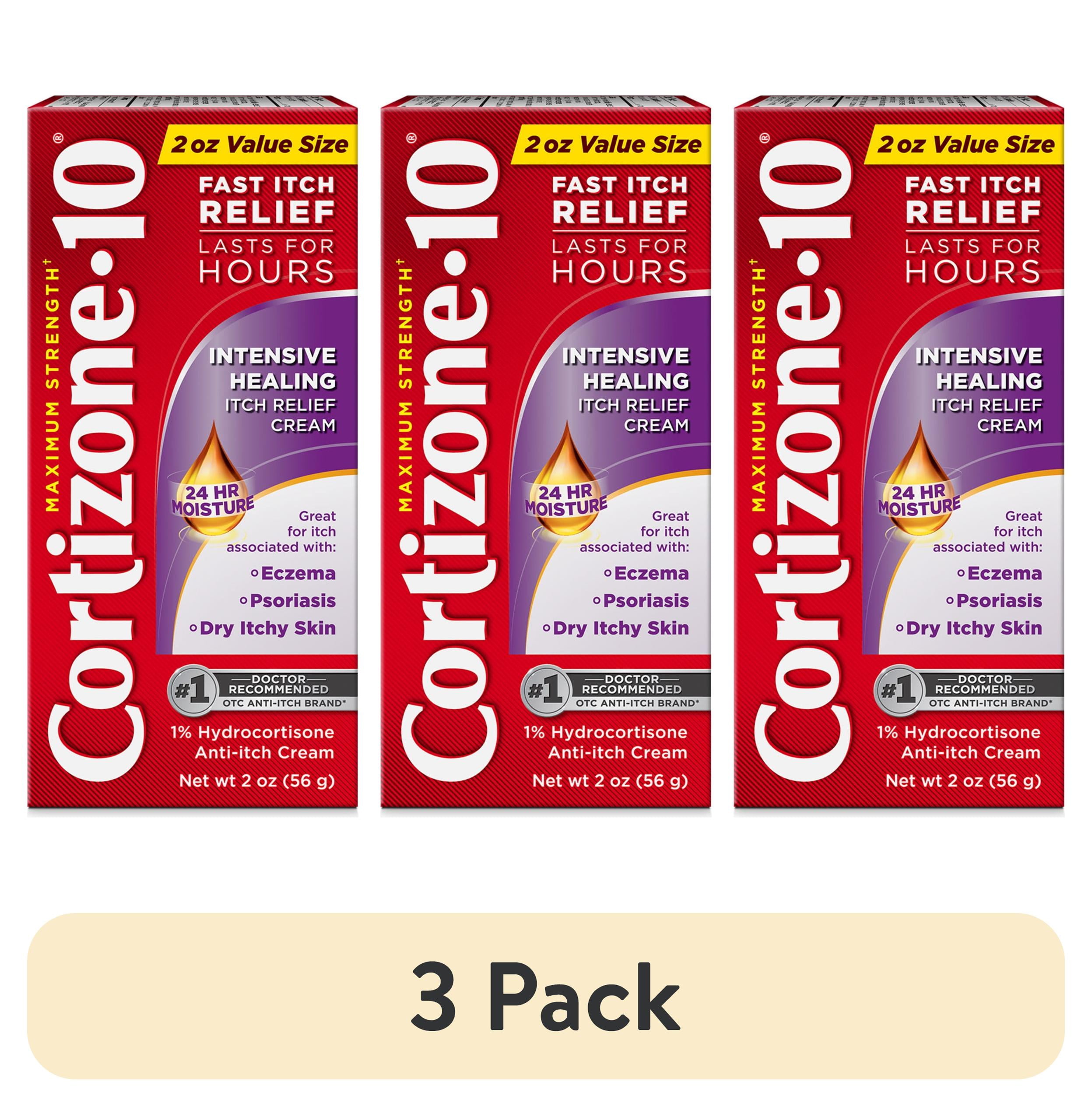 (3 pack) Cortizone-10 Maximum Strength Intensive Healing Itch Relief Cream, 1% Hydrocortisone, Fast-Acting, Anti-Itch Cream for Bug Bites, Rash, Eczema, Psoriasis, Poison Ivy, Oak, Sumac & More, 2 oz