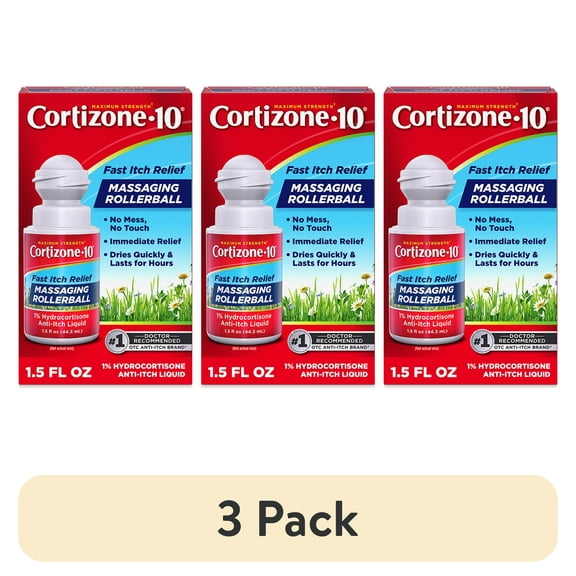 (3 pack) Cortizone-10 Maximum Strength Itch Relief Massaging Rollerball, 1% Hydrocortisone, Fast-Acting, Anti-Itch Liquid for Bug Bites, Rash, Eczema, Psoriasis, Poison Ivy, Oak, Sumac, 1.5 fl. oz