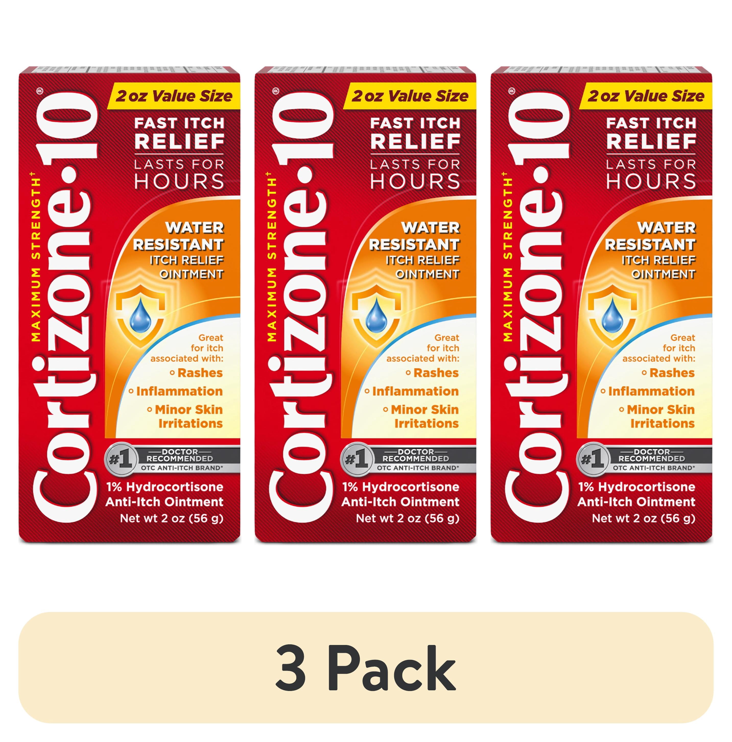 (3 pack) Cortizone-10 Maximum Strength Water Resistant Itch Relief Ointment, 1% Hydrocortisone, Fast-Acting, Anti-Itch Cream for Bug Bites, Rash, Eczema, Psoriasis, Poison Ivy, Oak, Sumac & More, 2 oz