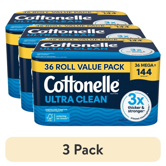 (3 pack) Cottonelle Ultra Clean Toilet Paper, Strong Toilet Tissue, 36 Mega Rolls