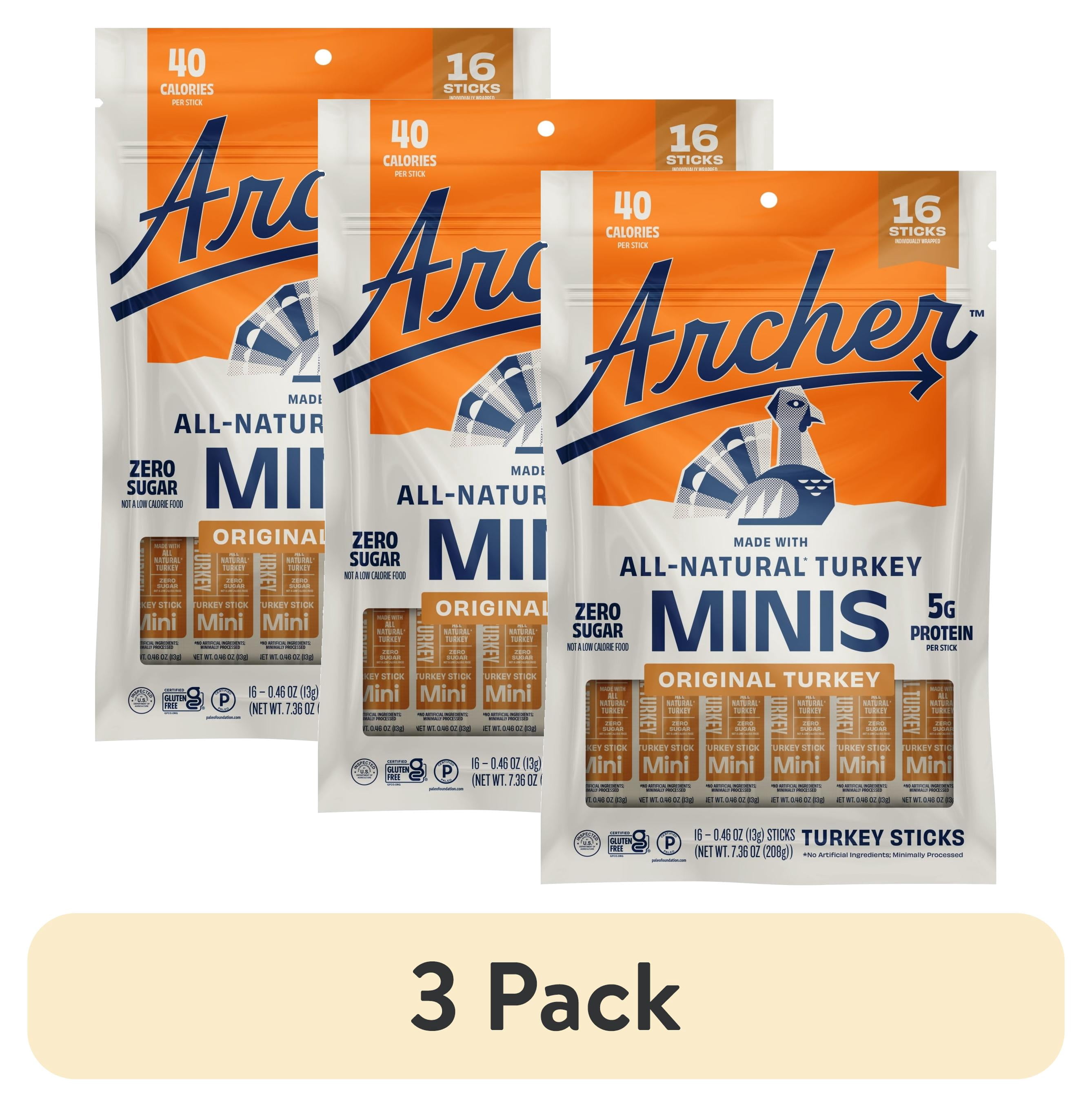 (3 pack) Archer Original Turkey Mini Jerky Sticks, 5g Protein, Zero Sugar, 0.46 oz, 16 Count