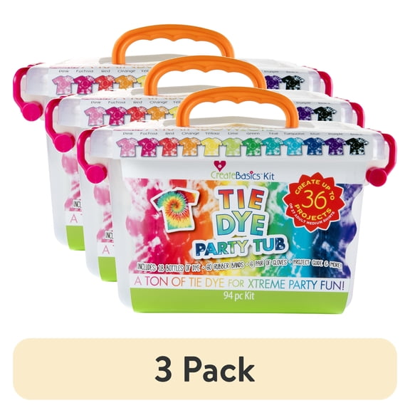 (3 pack) Create Basics Tie Dye Party Tub with 18 Pre-Filled Bottles, Dye Refill Packs and Accessories