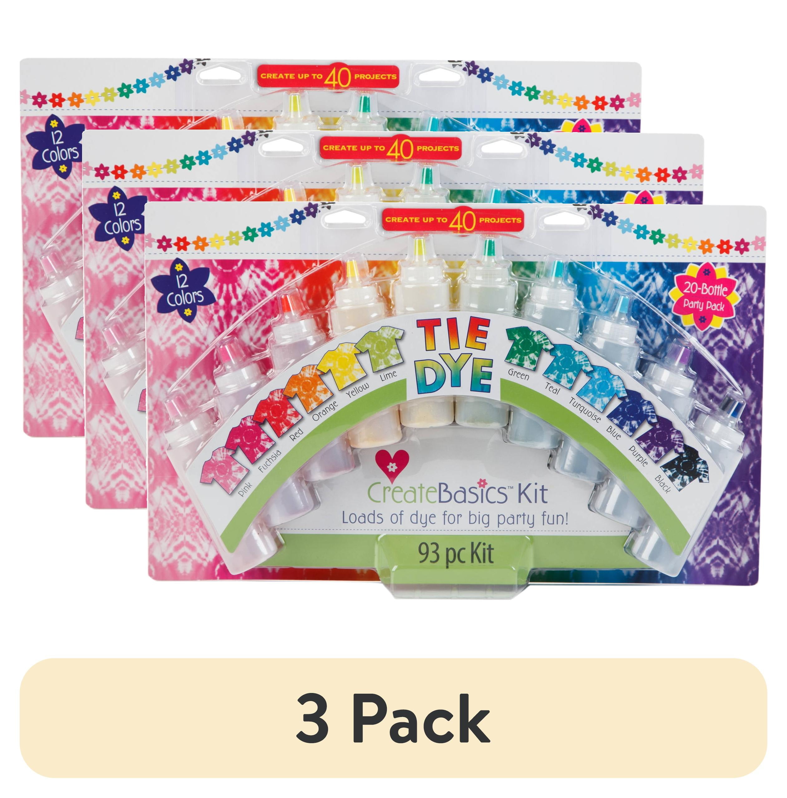 (3 pack) Create Basics 20-Bottle Tie-Dye Party Kit – 12 Bright Rainbow Colors for Group Crafts, T-shirts & DIY Projects