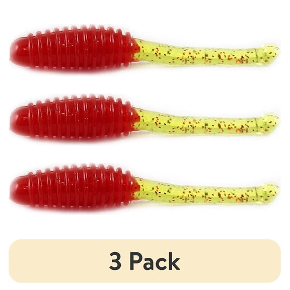 (3 pack) Creme 1.5" Grub Fishing Lure. Ringed Stinger Shad. Chartreuse & Red Color. Soft Plastic Grub.