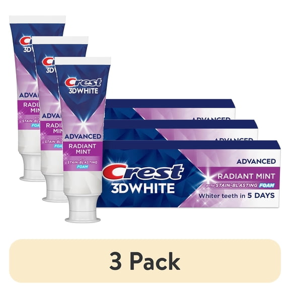 (3 pack) Crest Toothpaste, 3D White Advanced Teeth Whitening Toothpaste, Radiant Mint, 2.4 oz