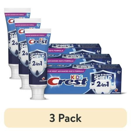 (3 pack) Crest Kids Sugar Bacteria Shield Fluoride Toothpaste, Strawberry Flavor, 4.1 oz, Ages 6+