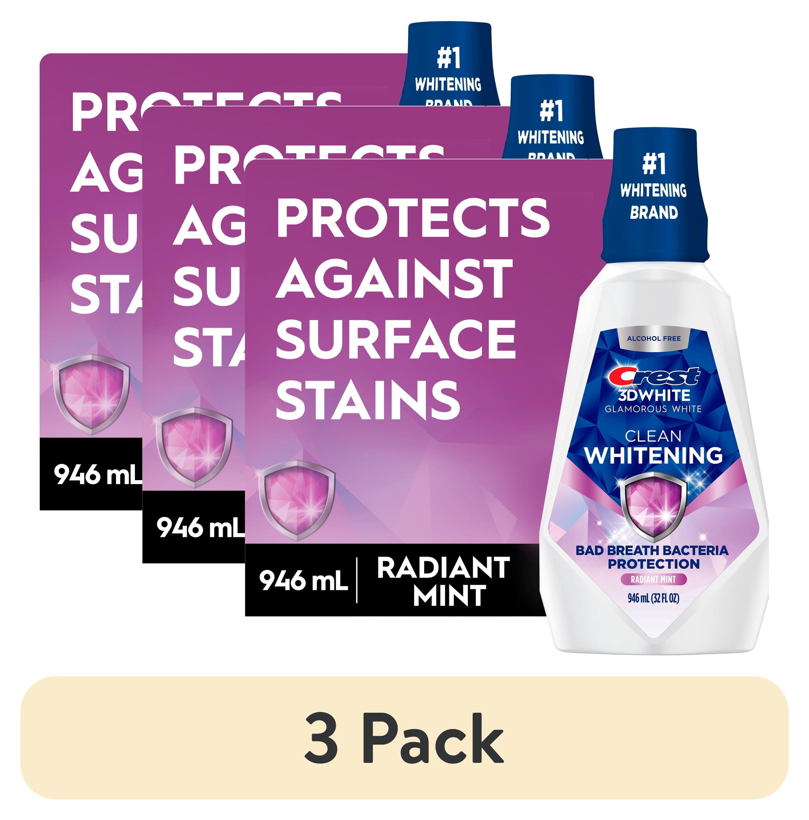 (3 pack) Crest Mouthwash 3D White Clean Whitening, Breath Protection, Alcohol-Free, Radiant Mint Flavor, 32 fl oz