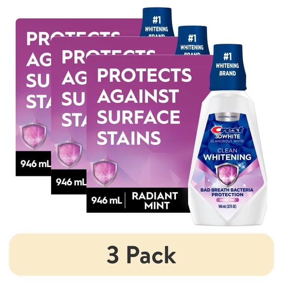 (3 pack) Crest Mouthwash 3D White Clean Whitening, Breath Protection, Alcohol-Free, Radiant Mint Flavor, 32 fl oz
