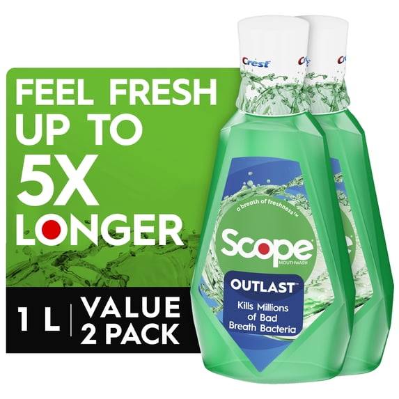 (3 pack) Crest Scope Outlast Fluoride Mouthwash, Fresh Mint Oral Rinse, 1L, 2 Pack