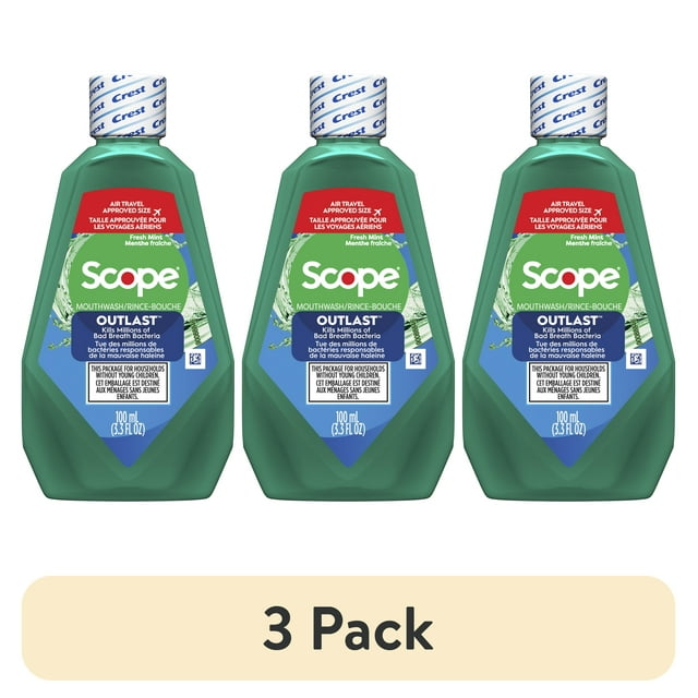 (3 pack) Crest Scope Outlast Mouthwash, Fresh Mint, 100mL, 3.3 fl oz