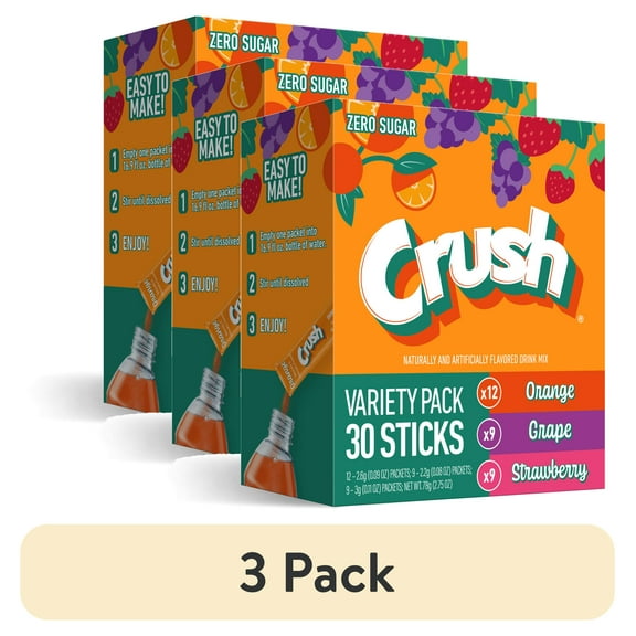 (3 pack) Crush Powdered Drink Mix Variety Pack, Orange, Grape & Strawberry, Sugar-Free, 30-Count