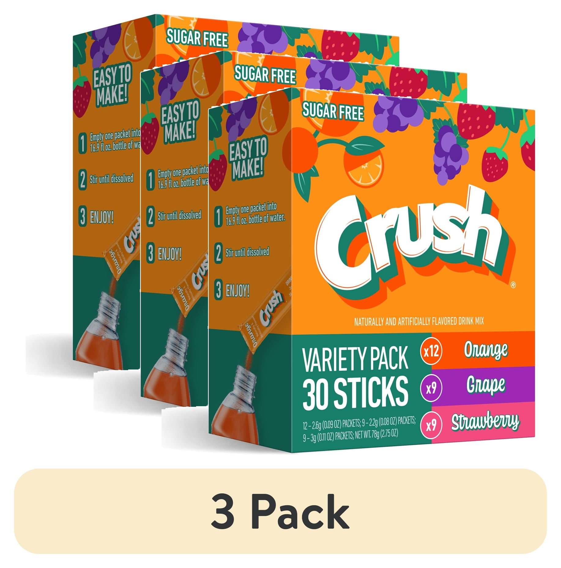 (3 pack) Crush Powdered Drink Mix Variety Pack, Orange, Grape & Strawberry, Sugar-Free, 30-Count