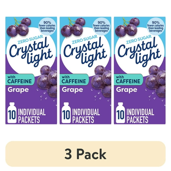 (3 pack) Crystal Light Drink Mix with Caffeine, 10 Packets, for Convenient On-the-Go Flavorful Hydration, Grape Natural Flavor With Other Natural Flavors, Zero Sugar, 1.1 oz