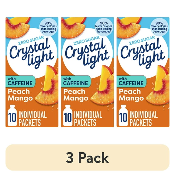(3 pack) Crystal Light Drink Mix with Caffeine, 10 Packets, for Convenient On-the-Go Flavorful Hydration, Peach Mango Natural Flavor With Other Natural Flavor, Zero Sugar, 0.7 oz