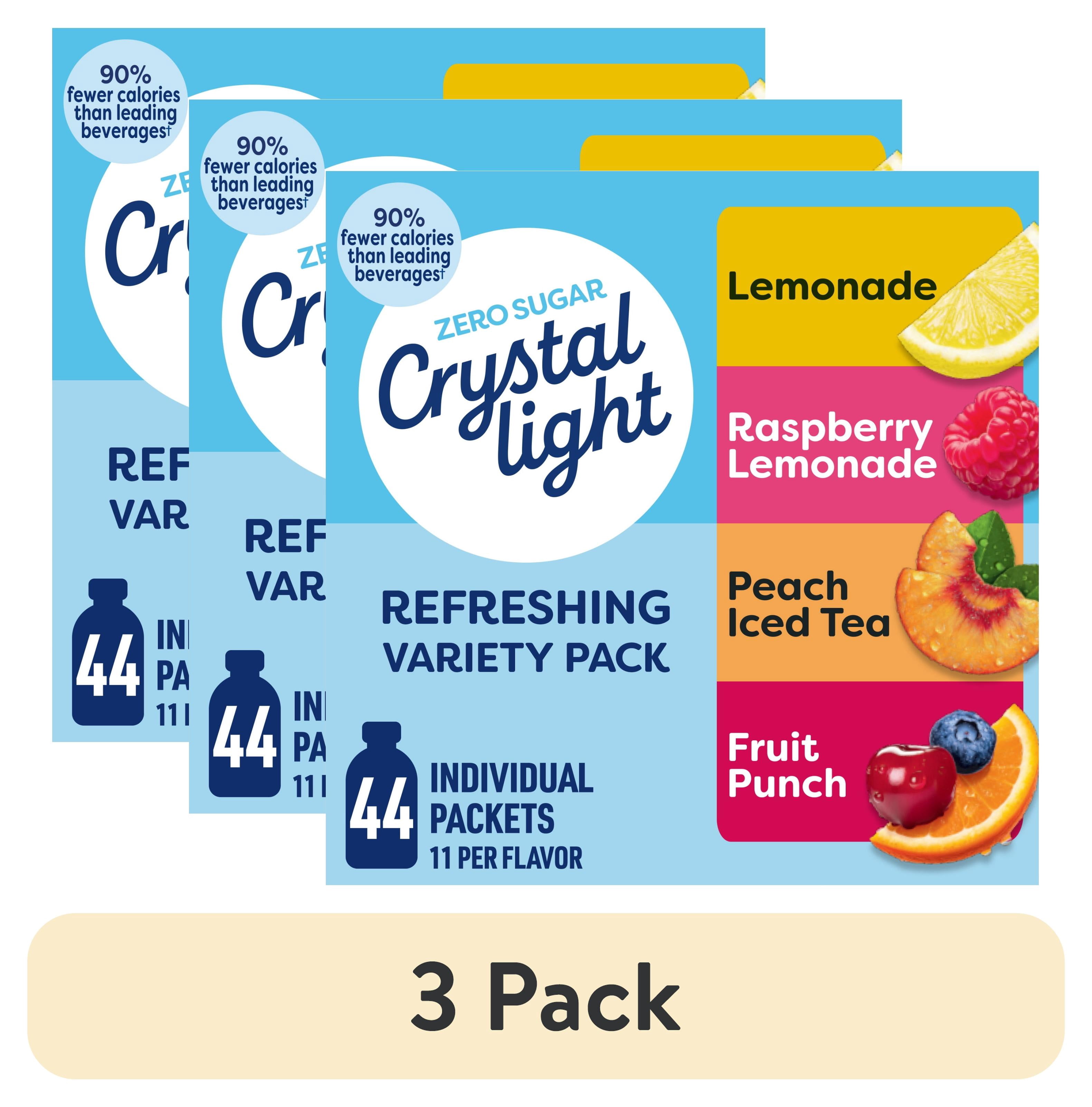 (3 pack) Crystal Light Refreshing Drink Mix Variety Pack, 44 Packets, for Convenient Hydration, Lemonade, Raspberry Lemonade, Peach Iced Tea, Fruit Punch, Natural and Artificial Flavor, Zero Sugar, 4.18 oz