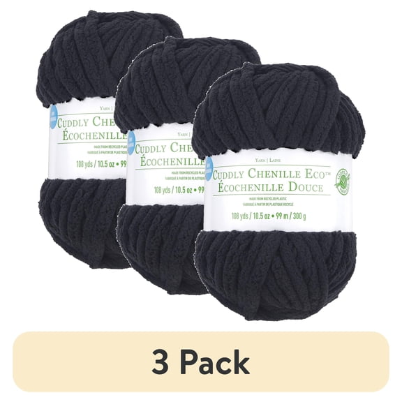 (3 pack) Cuddly Chenille Eco Yarn by Loops & Threads - Yarn for Knitting - Crochet - Weaving - and Arts & Crafts - Black - Polyester - 10.5 oz