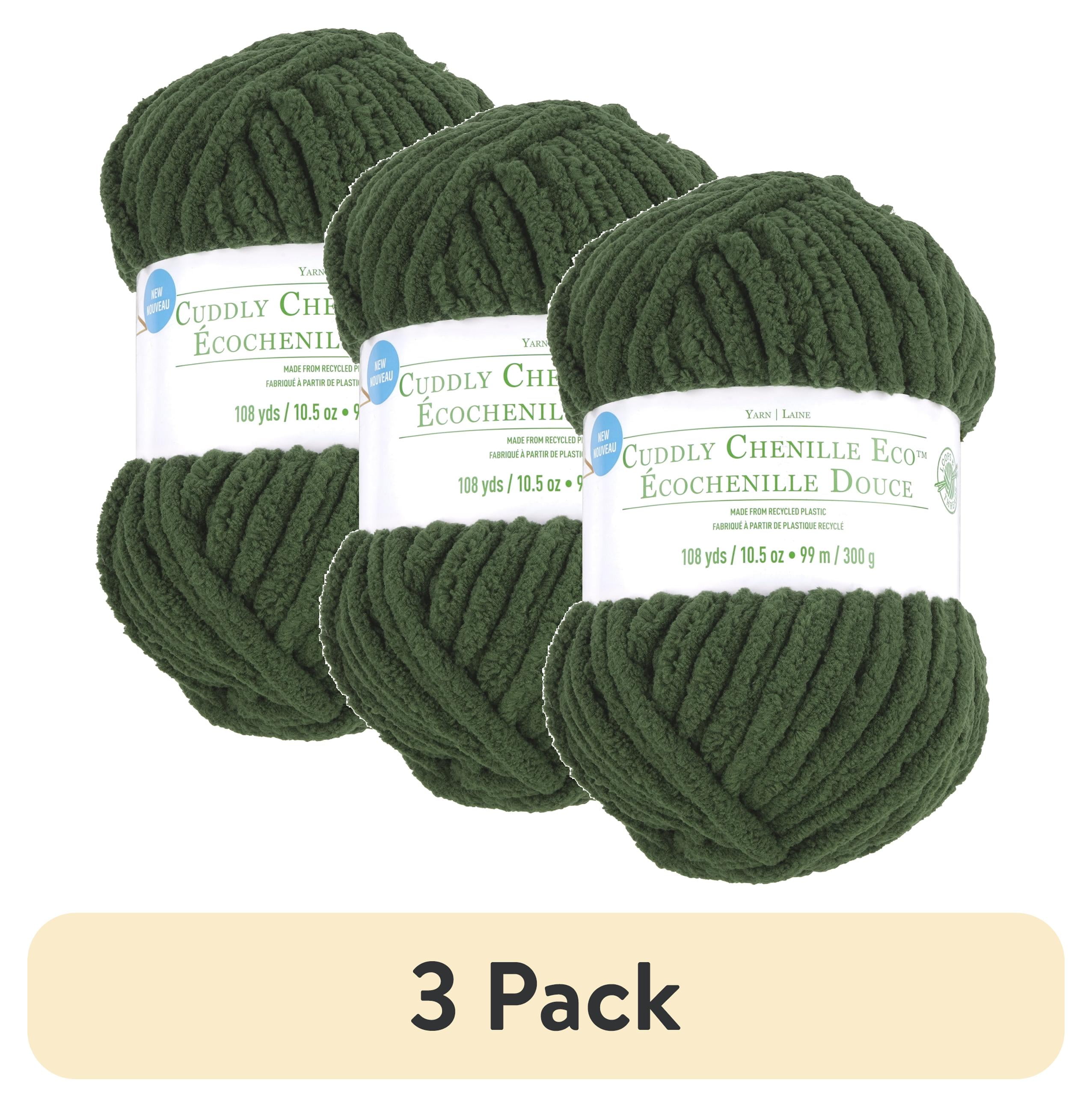 (3 pack) Cuddly Chenille Eco Yarn by Loops & Threads - Yarn for Knitting - Crochet - Weaving - and Arts & Crafts - Green - Polyester - 10.5 oz