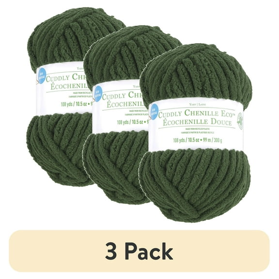 (3 pack) Cuddly Chenille Eco Yarn by Loops & Threads - Yarn for Knitting - Crochet - Weaving - and Arts & Crafts - Green - Polyester - 10.5 oz