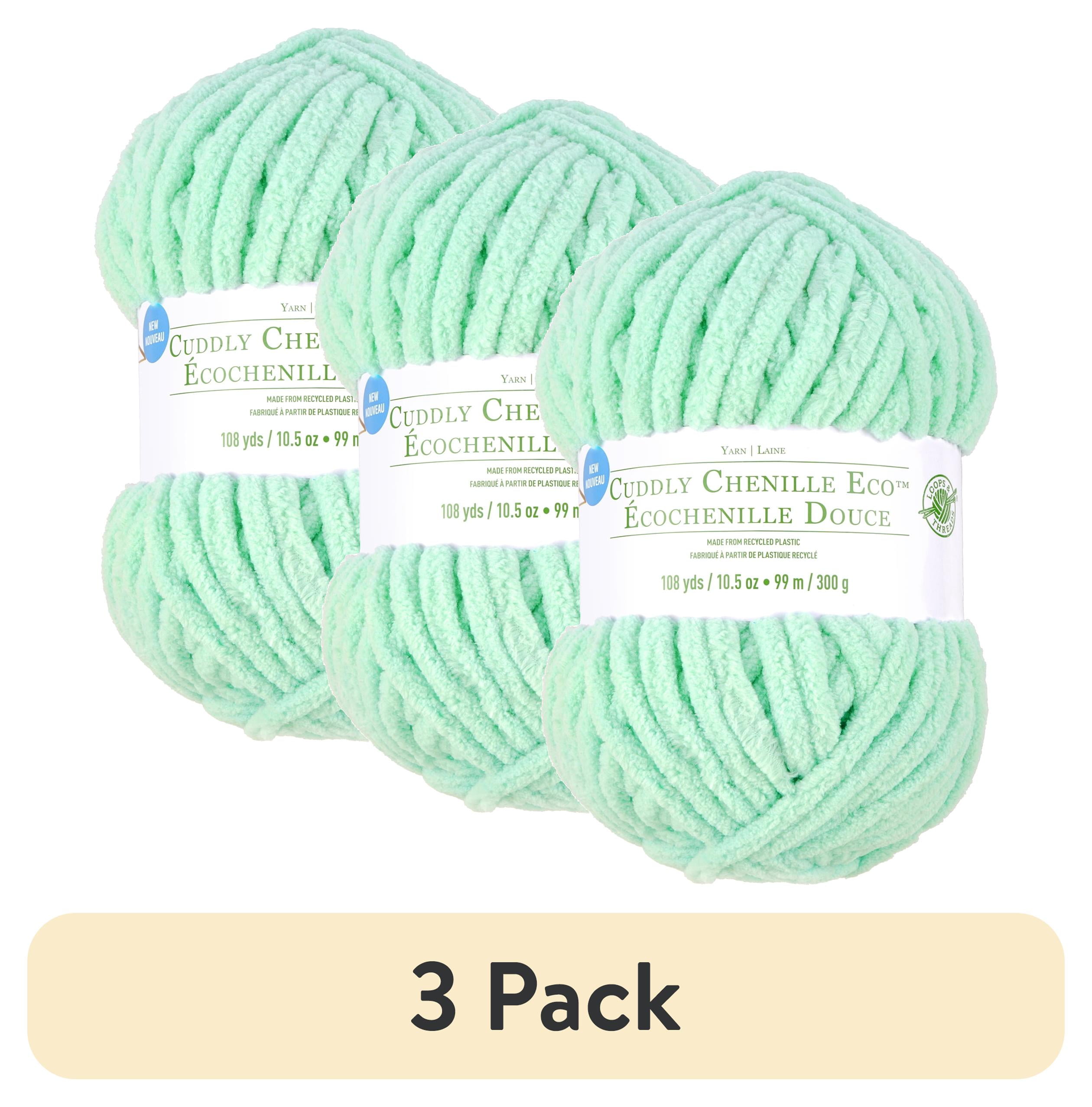 (3 pack) Cuddly Chenille Eco Yarn by Loops & Threads - Yarn for Knitting - Crochet - Weaving - and Arts & Crafts - Green - Polyester - 10.5 oz