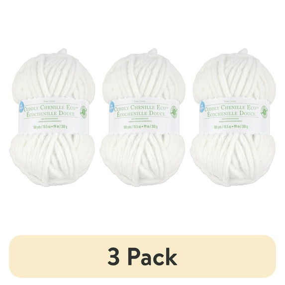 (3 pack) Cuddly Chenille Eco Yarn by Loops & Threads - Yarn for Knitting - Crochet - Weaving - and Arts & Crafts - White - Polyester - 10.5 oz