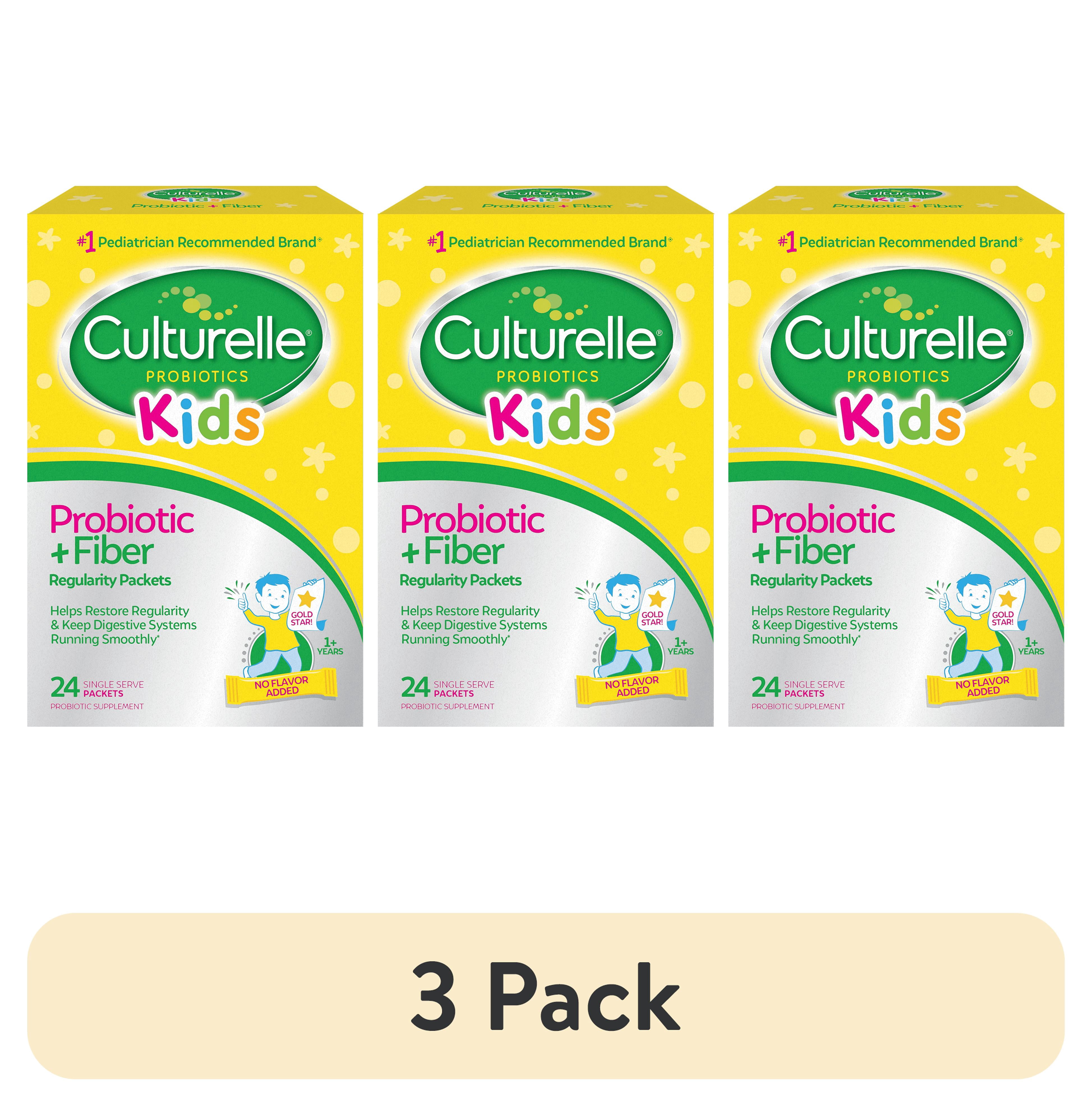 (3 pack) Culturelle Probiotics Kids Probiotic + Fiber Daily Ready-to-Mix Supplement, Digestive Regularity Support for Children, No Flavor Added, 24 Packets