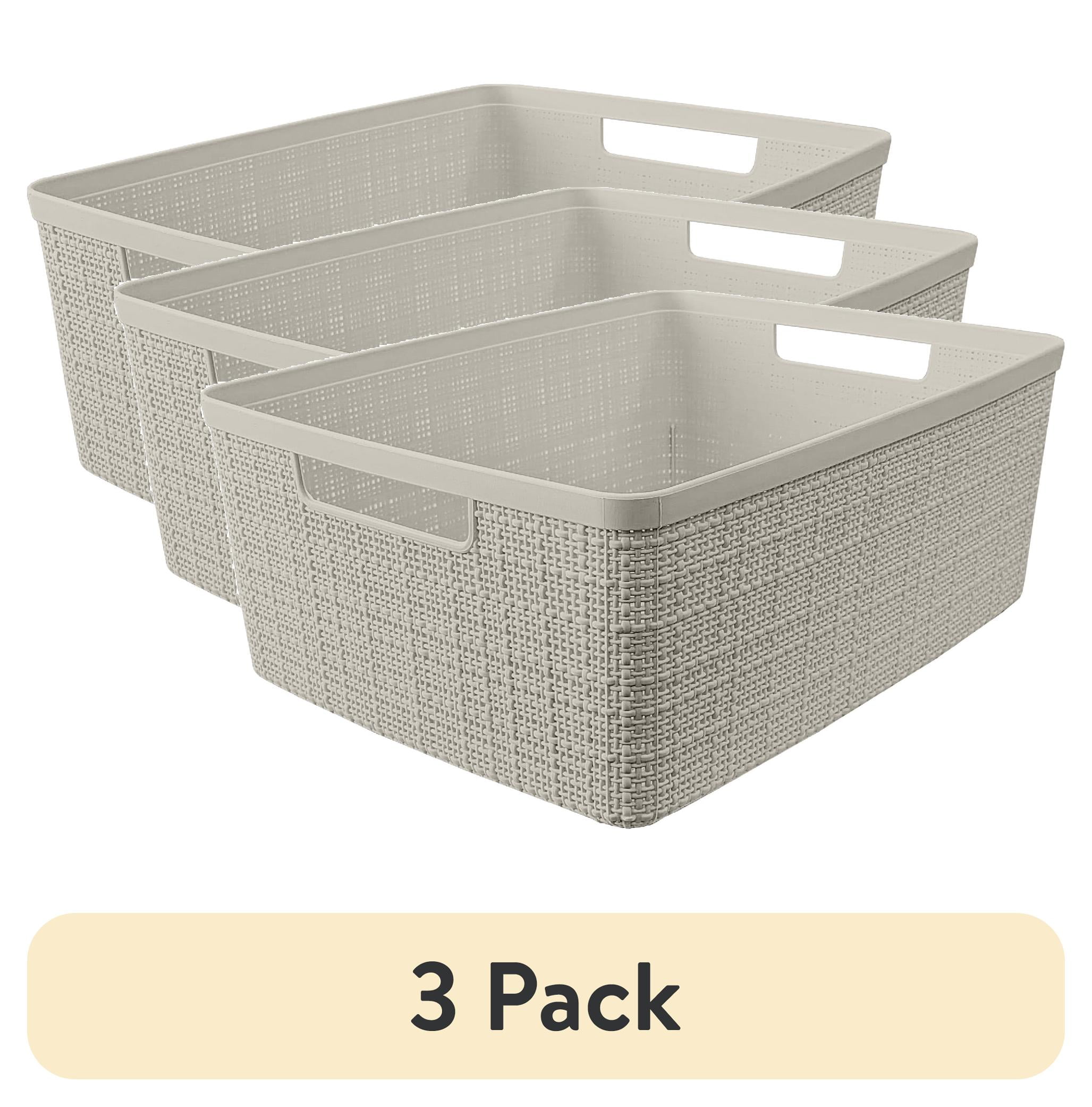 (3 pack) Curver Jute Medium Beige Plastic Storage Basket, 14 in x 10.7 in x 5.7 in