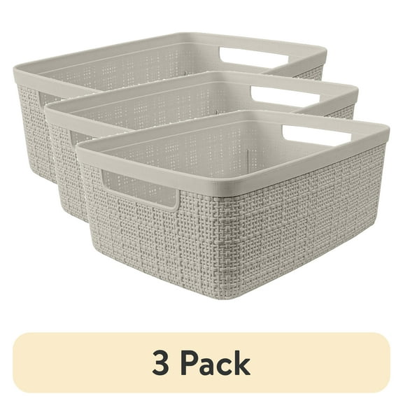 (3 pack) Curver Jute Small Beige Plastic Decorative Storage Basket, 10.6 in x 7.8 in x 4.3 in