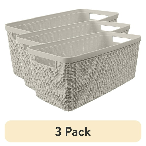 (3 pack) Curver Jute Narrow Beige Plastic Decorative Storage Basket, 13.6 in x 6.7 in x 5.7 in