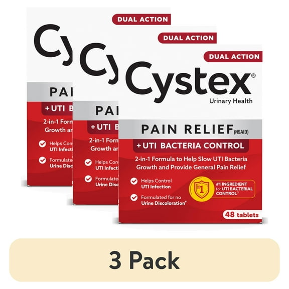 (3 pack) Cystex Dual Action Relief, Helps Slow UTI Bacteria Growth & Provide General Pain Relief, 48 Tablets