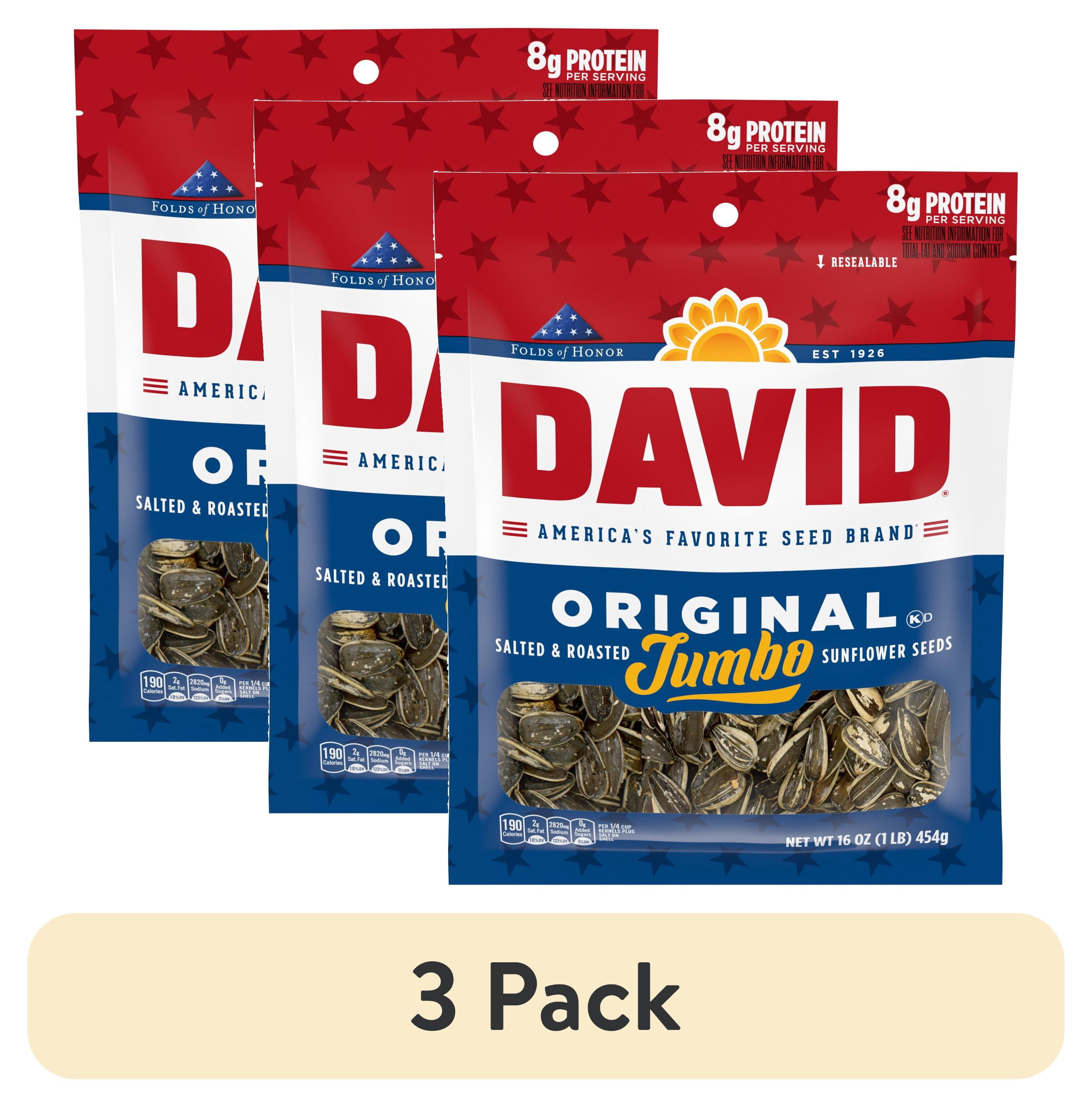 (3 pack) DAVID Jumbo Sunflower Seeds, Original Flavor, 16 oz.