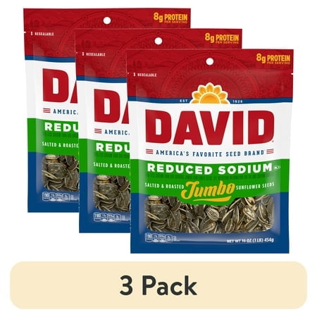 (3 pack) DAVID Reduced Sodium Sunflower Seeds, Original Flavor, 16 oz.