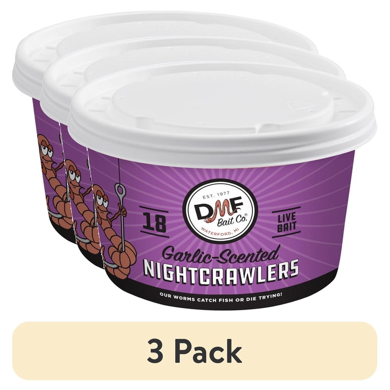 3 pack) DMF Bait Co. 18 Garlic Canadian Nightcrawlers, Fishing